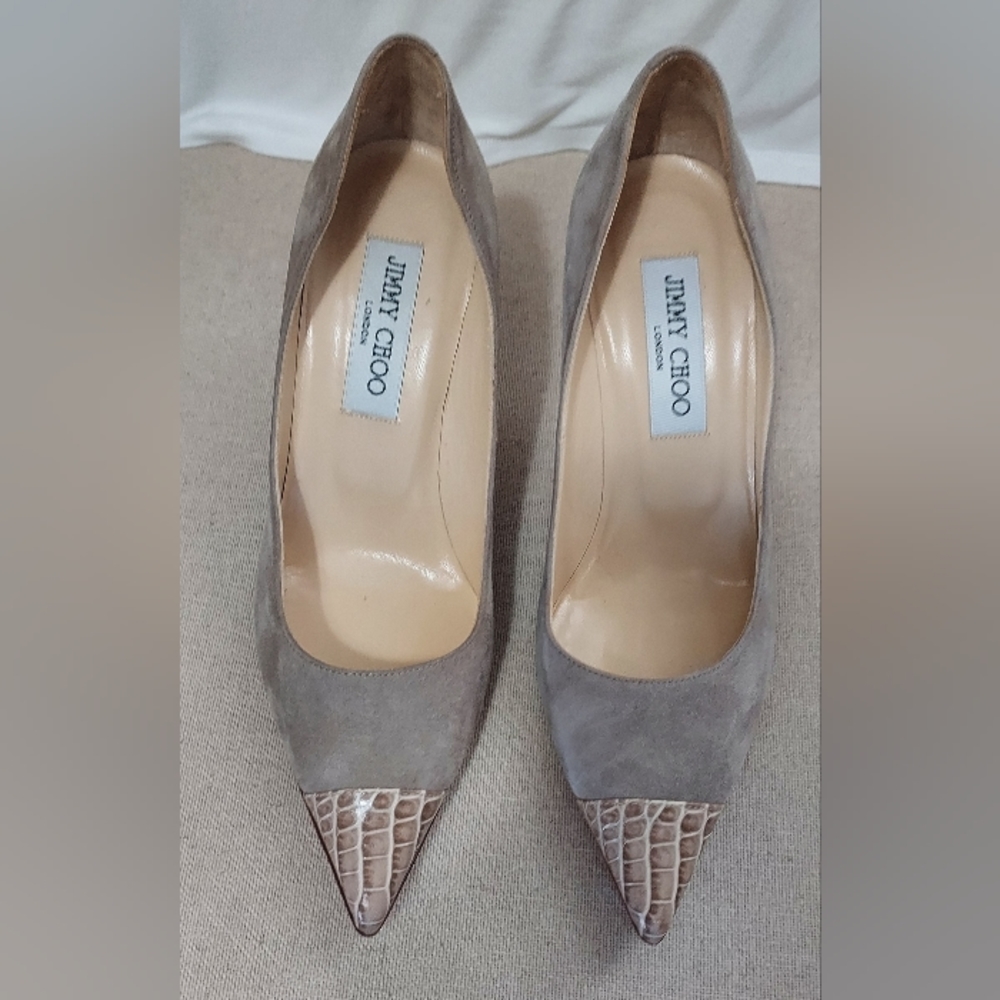 Jimmy Choo taupe suede and leather pumps